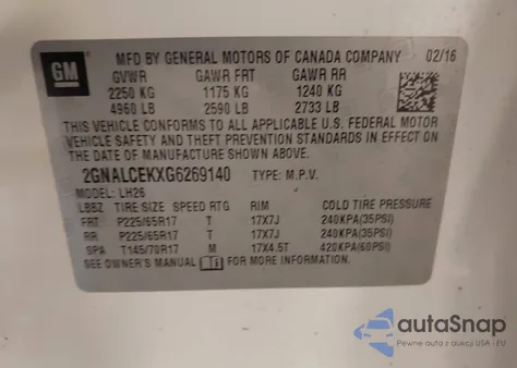 2016 Chevrolet Equinox Lt z USA, uszkodzony, nr VIN 2GNALCEKXG6269140